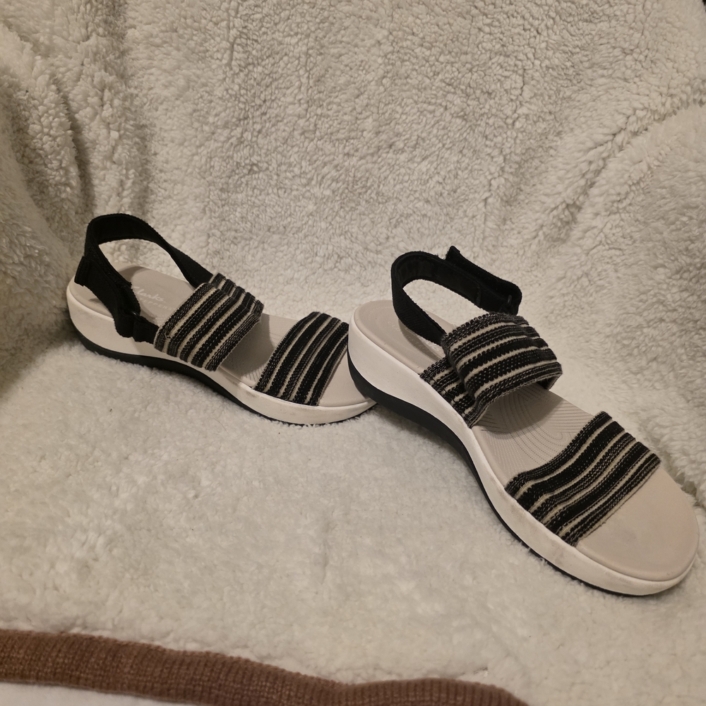 Clarks Black and Cream Striped Sandals